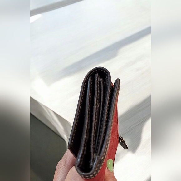 Coach Jacquard print and leather trimmed long snap wallet, red and brown, EUC - Picture 5 of 7